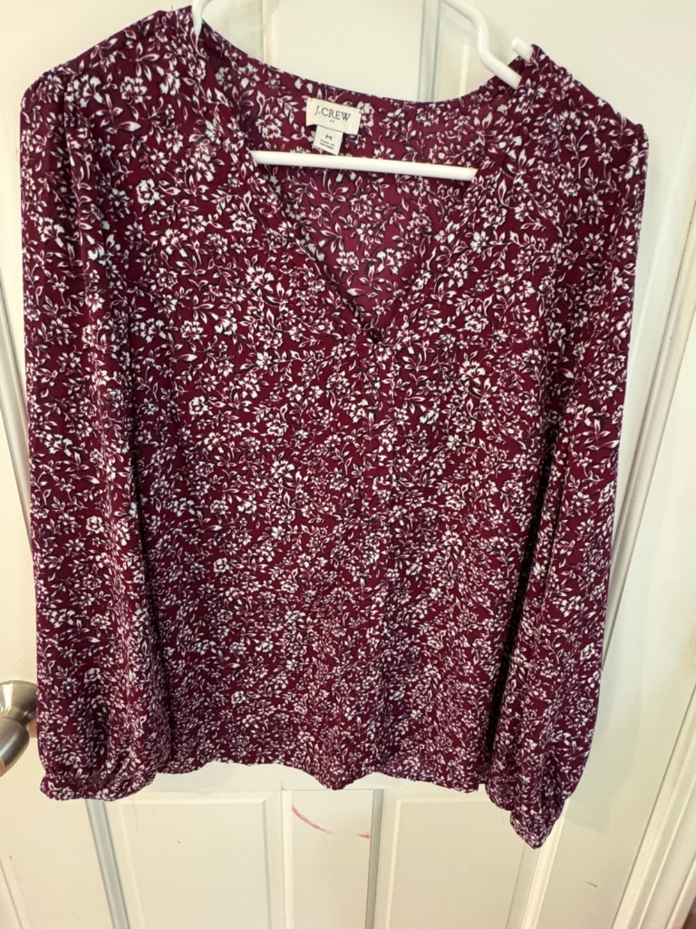 J. Crew Maroon Floral V-Neck Long-Sleeve Blouse